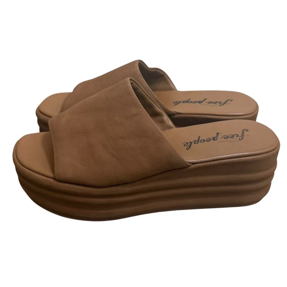 Free People Tan Leather Platform Slide Sandals Wedge Open Toe Womens 8